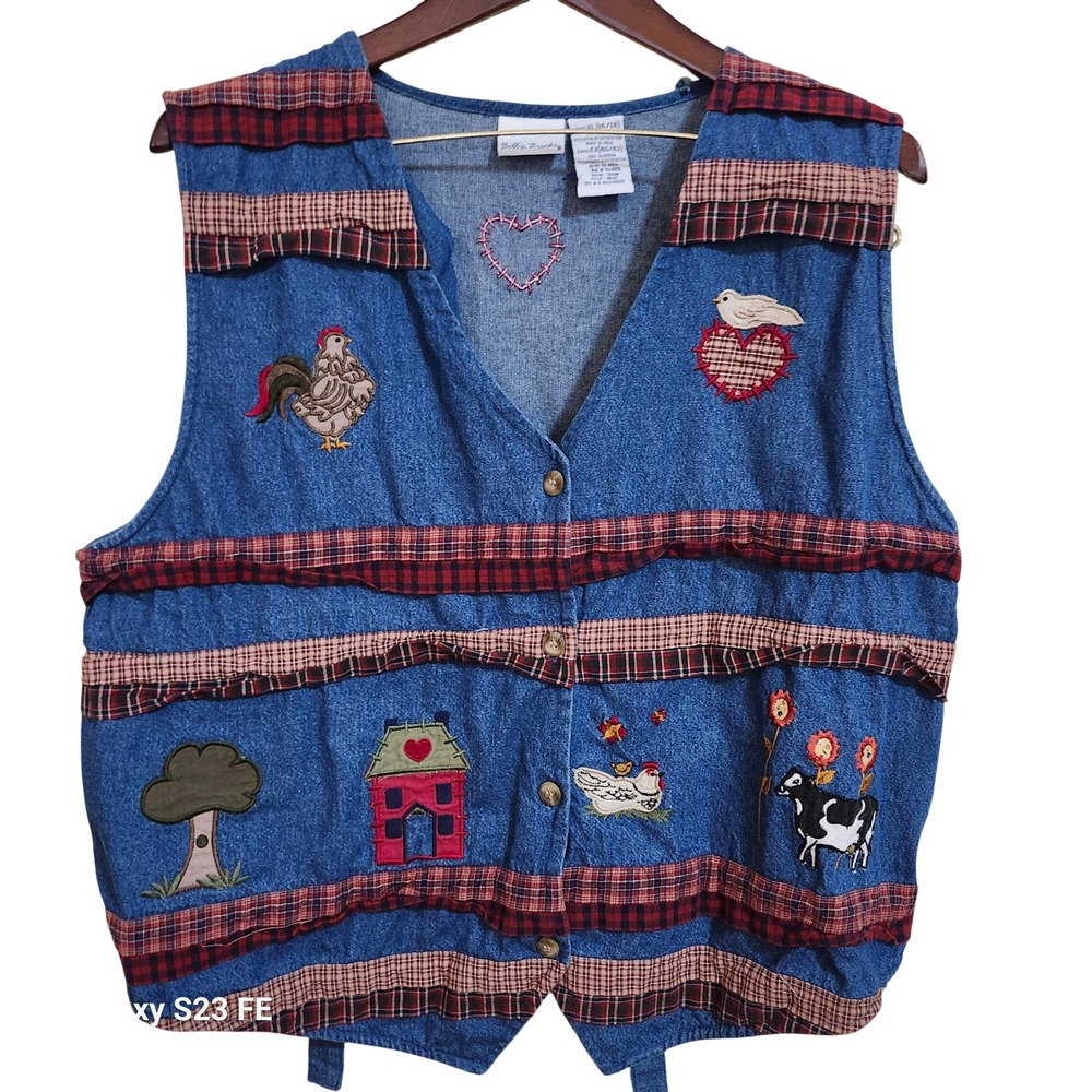 Vtg Denim Vest Womens XL Blue Plaid Trim Embroidered Farm 
Animals Grannycore